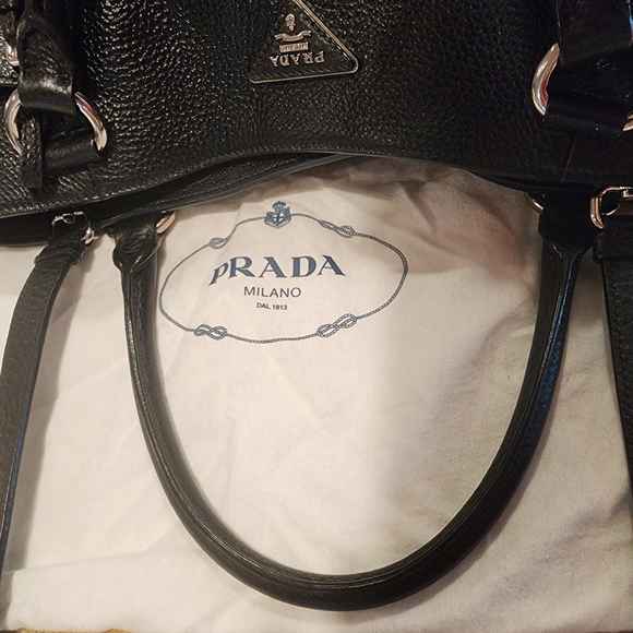 Prada Vitello Daino silver trim side pocket black Leather satchel crossbody tote - Picture 5 of 16